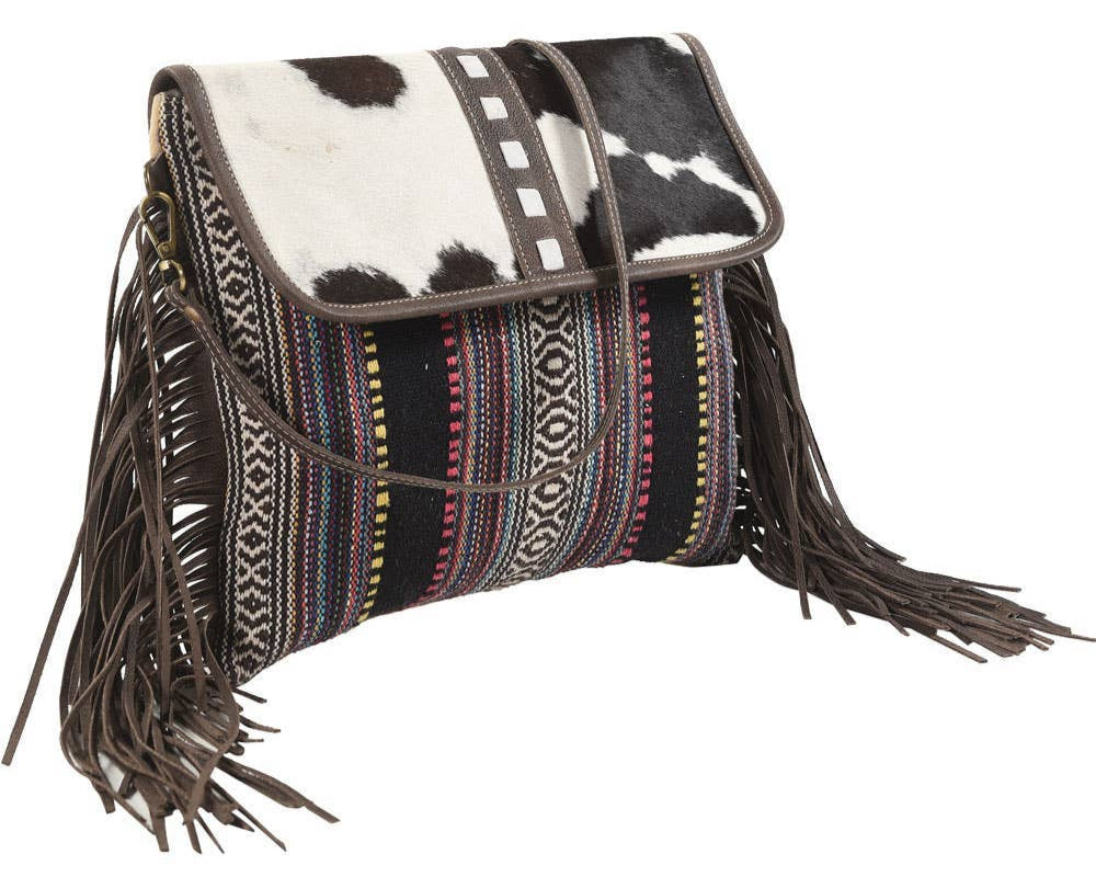 Black Stripes Crossbody With Fring And Fur Closure