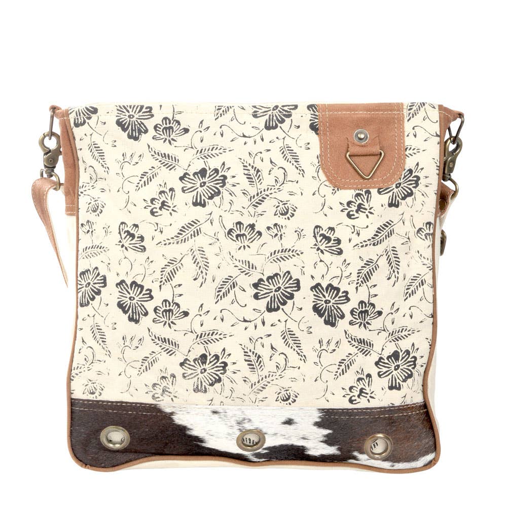 Cream Shoulder Bag With Cowhide Trim And Flowers