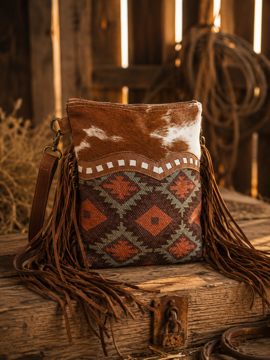 Crossbody With Leather Fringe Rug Fur Canvas