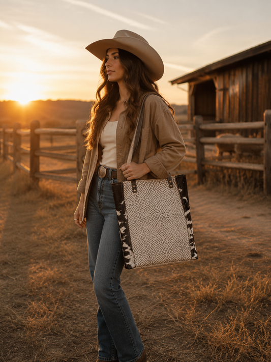 Geometric Front Panel Tote Bag With Cowhide