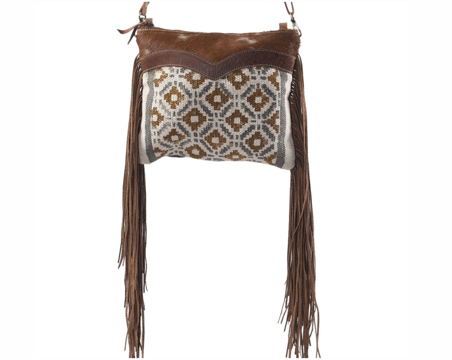 Brown and Blue Crossbody with Fringe Fur and Canvas