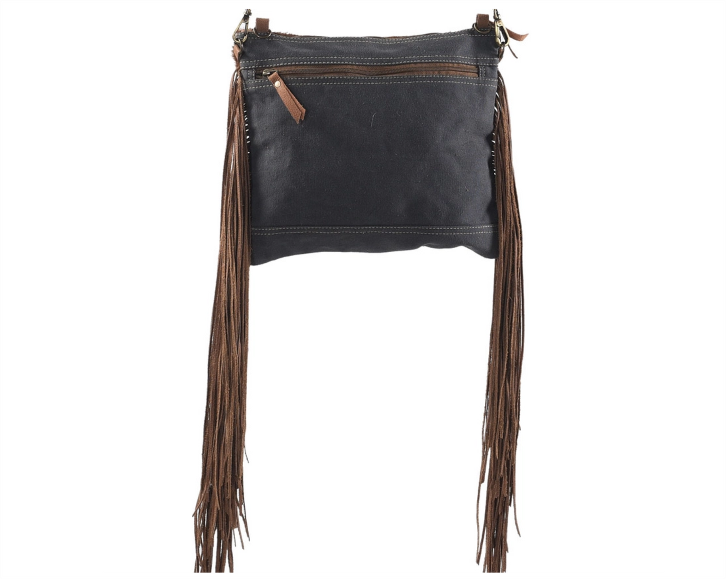 Brown and Blue Crossbody with Fringe Fur and Canvas