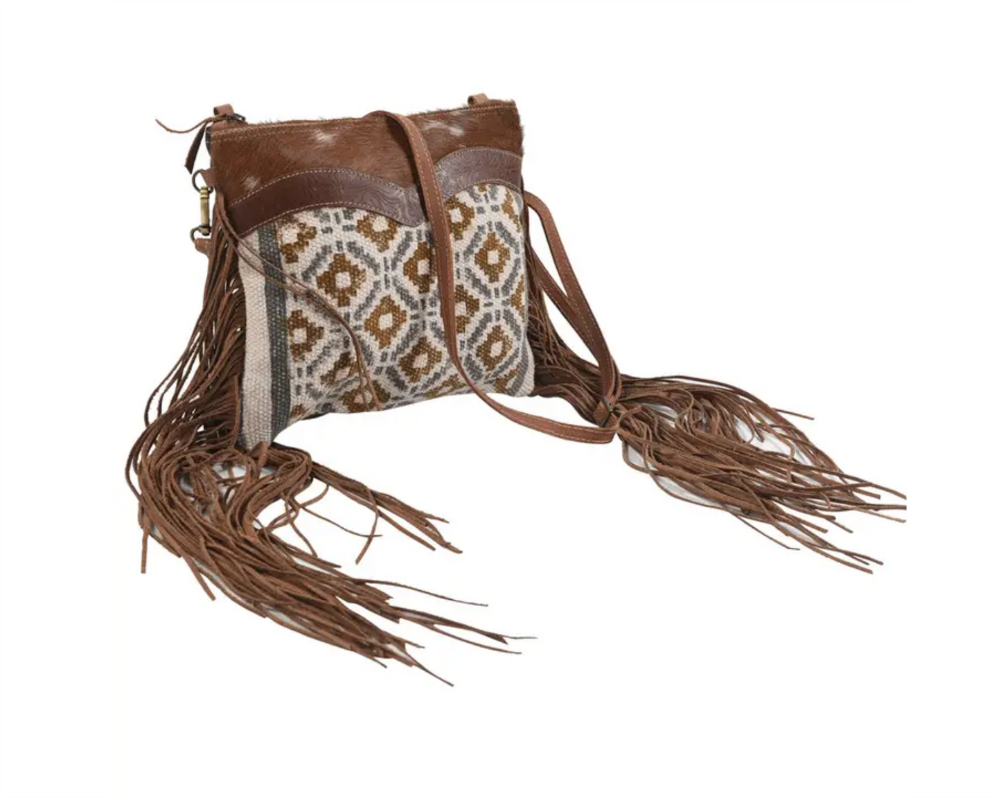 Brown and Blue Crossbody with Fringe Fur and Canvas