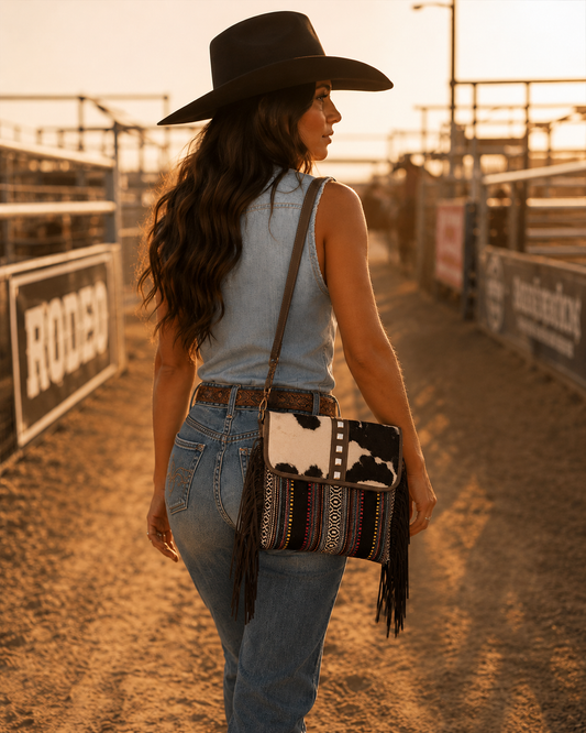 Black Stripes Crossbody With Fring And Fur Closure