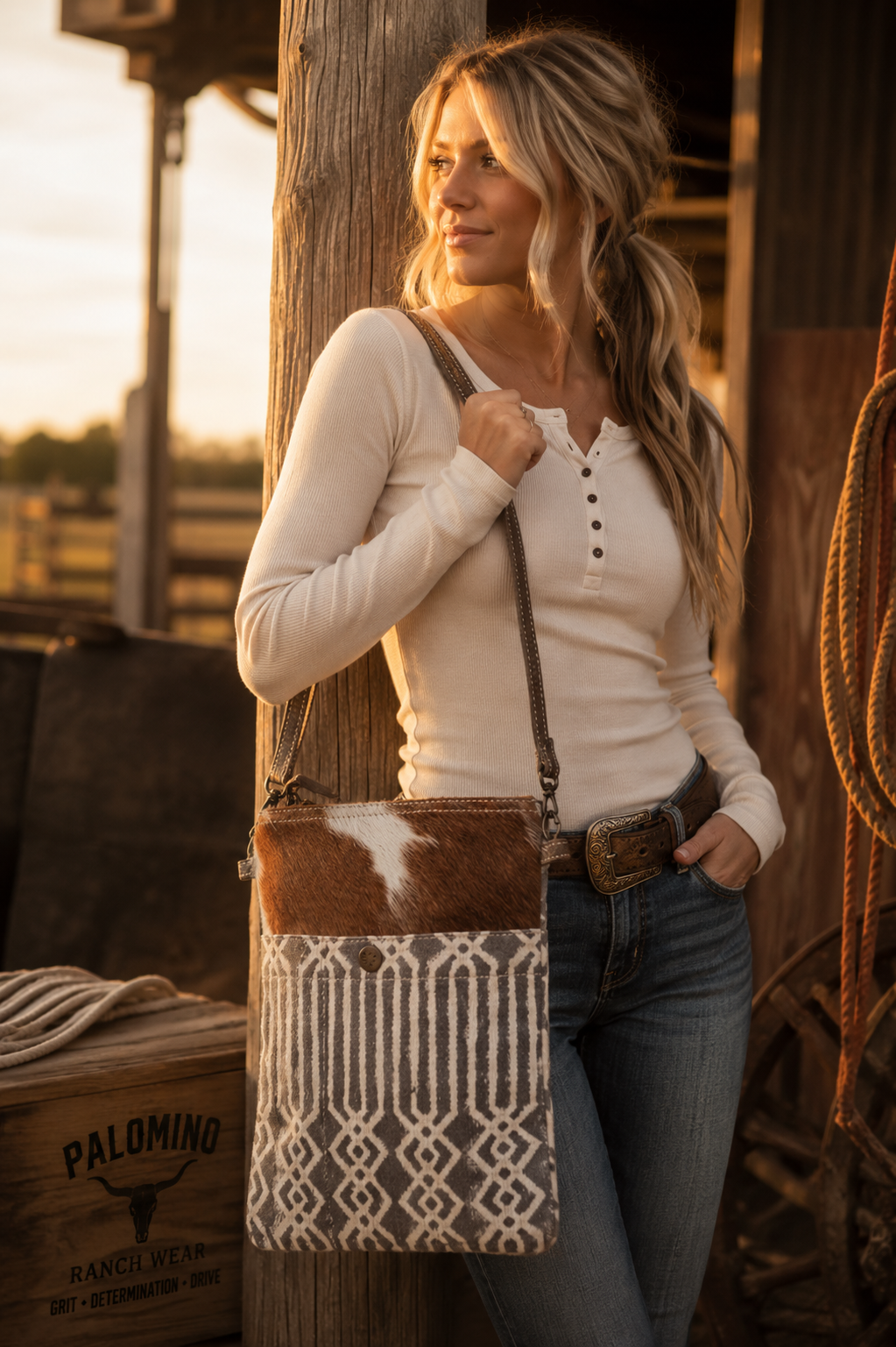 White Canvas Pattern With Fur Shoulder Bag