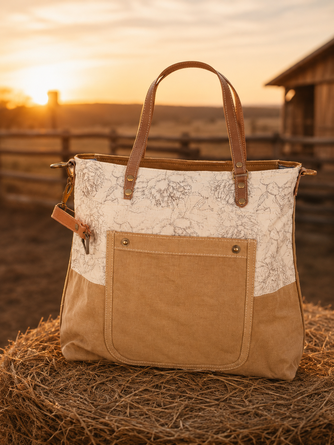 Cinnamon Floral Tote With Front Pocket