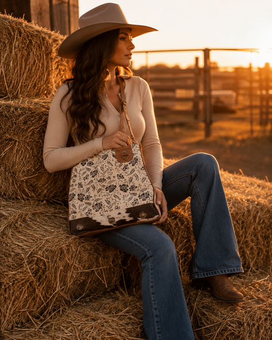 Cream Shoulder Bag With Cowhide Trim And Flowers