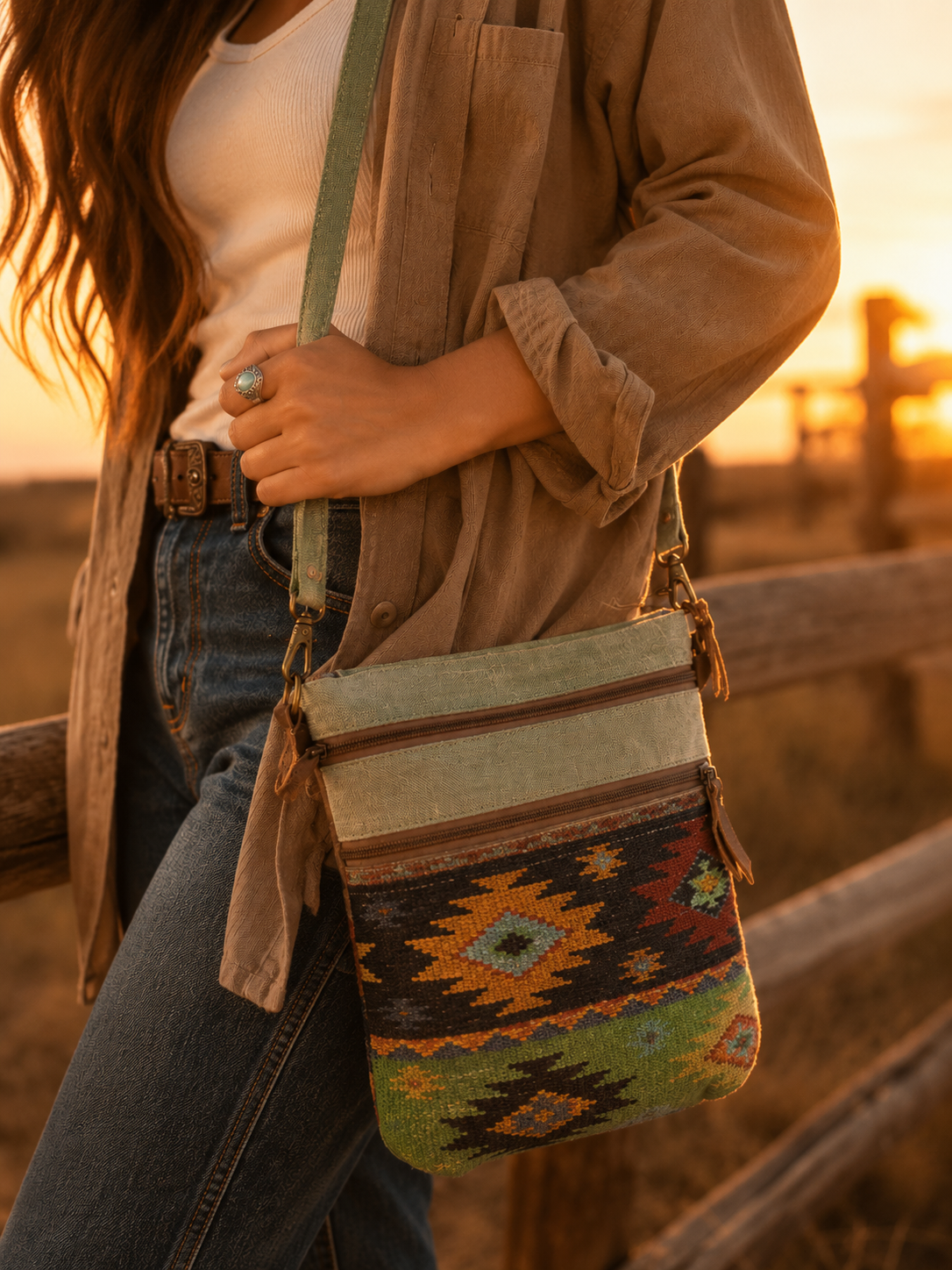 Double Zipper Light Green Rug Crossbody