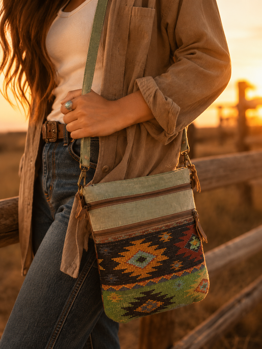Double Zipper Light Green Rug Crossbody