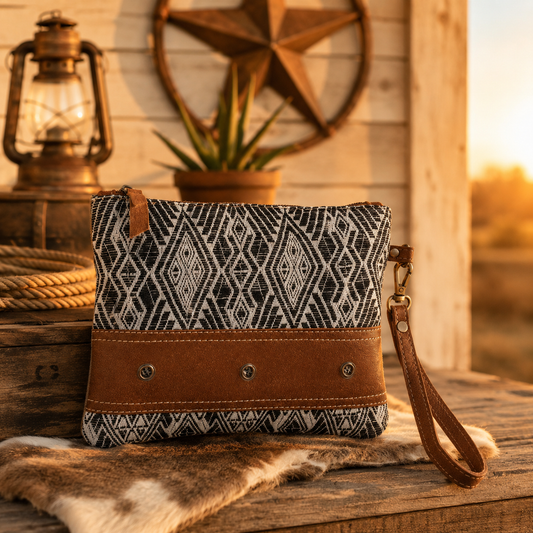 Blue Rug Wristlet with Leather